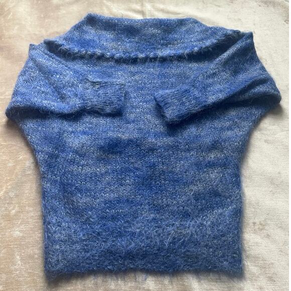 Vintage Mohair Wool Sweater blue collared Bohemian fuzzy warm bat wing sleeve - Picture 12 of 16